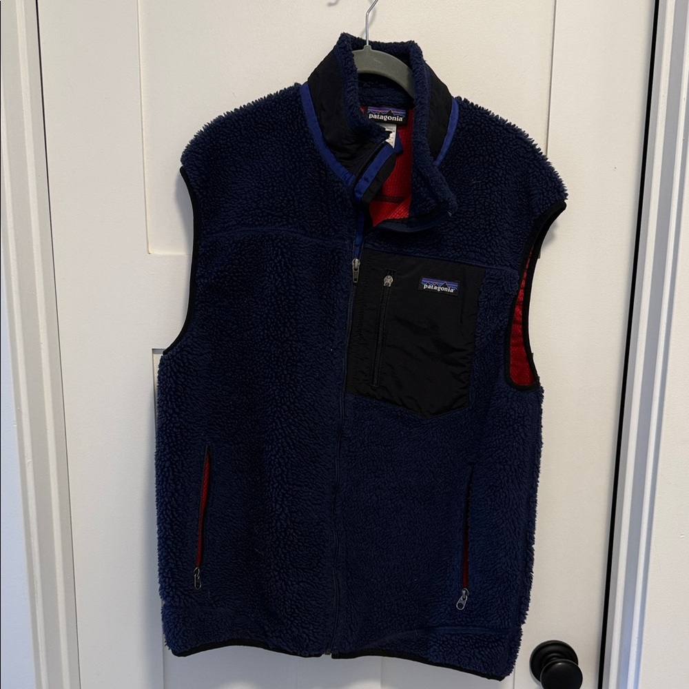 Patagonia Blue Fleece Vest with Black Pocket